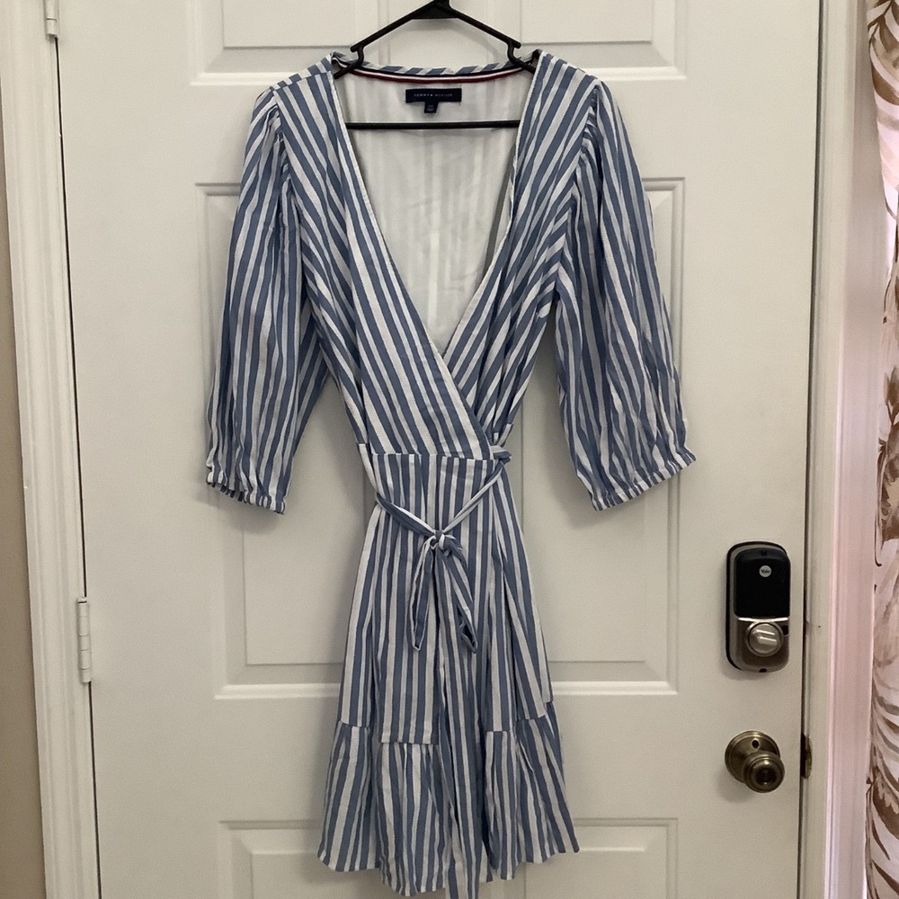 Tommy Hilfiger Women Blue Striped V-Neck‎ Wrap Dress Large
